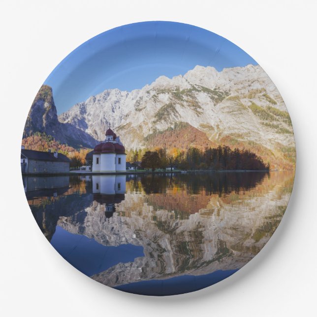 Plato De Papel Montaña Watzmann e Iglesia de San Bartolomé (Anverso)