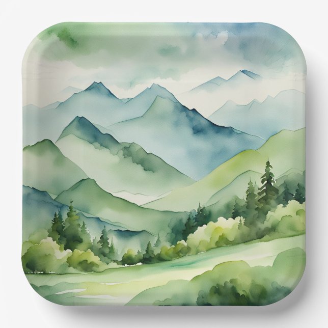 Plato De Papel Montañas acuarelas y árboles (Anverso)