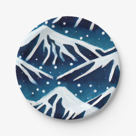 Plato De Papel Montañas Azul Retro Snowy