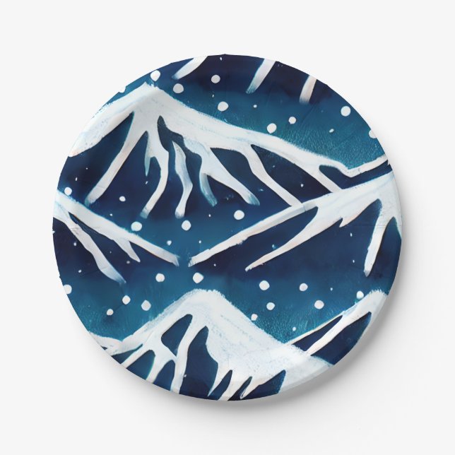 Plato De Papel Montañas Azul Retro Snowy (Anverso)