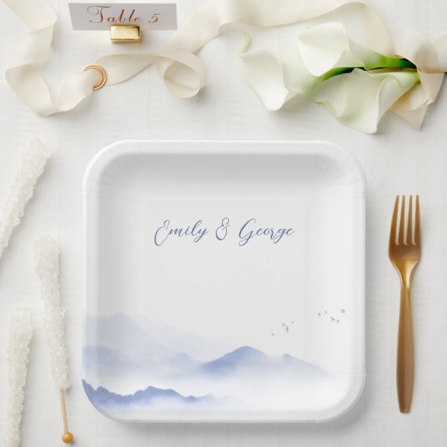 Plato De Papel Montañas azules y bodas de aves (Boda)