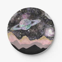 Plato De Papel Montañas Espaciales Cielo Estrellado Galaxia Plane