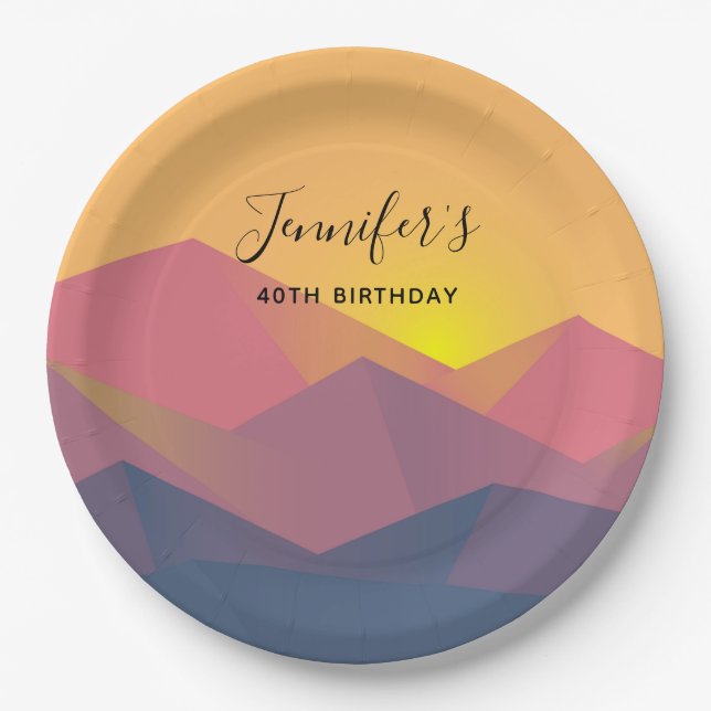 Plato De Papel Montañas Rústicas Cumpleaños Geométrico Minimalist (Anverso)