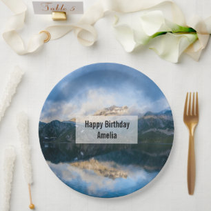 Plato De Papel Montañas y lago de la naturaleza Foto cumpleaños