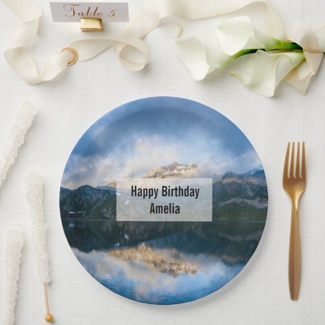 Plato De Papel Montañas y lago de la naturaleza Foto cumpleaños (Boda)