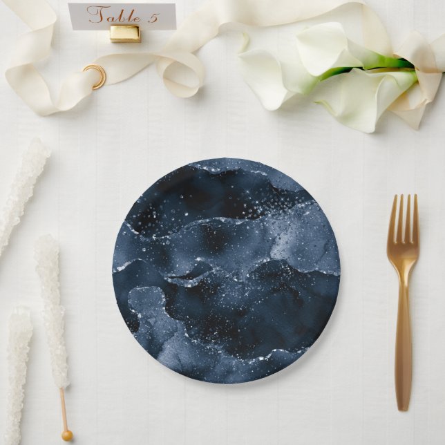 Plato De Papel Moody Agate | Purpurina de imitación azul de acero (Boda)