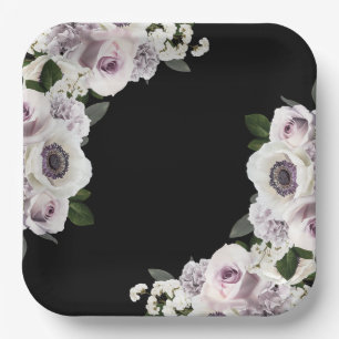 Plato De Papel Moody Anemone y Purple Floral Black Bridal Shower