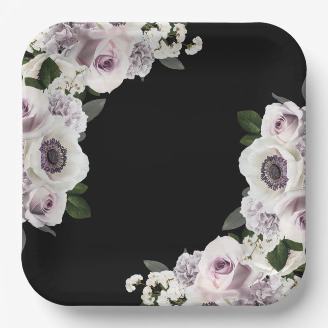 Plato De Papel Moody Anemone y Purple Floral Black Bridal Shower (Anverso)