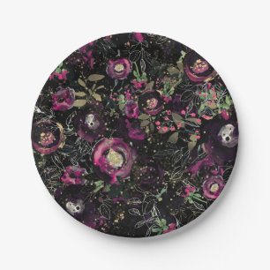 Plato De Papel Moody Berry Plum Sparkle Floral Moderno