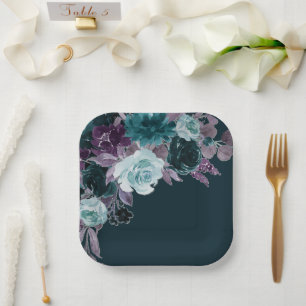 Plato De Papel Moody Boho   Bouquet púrpura profundo Verde azulad