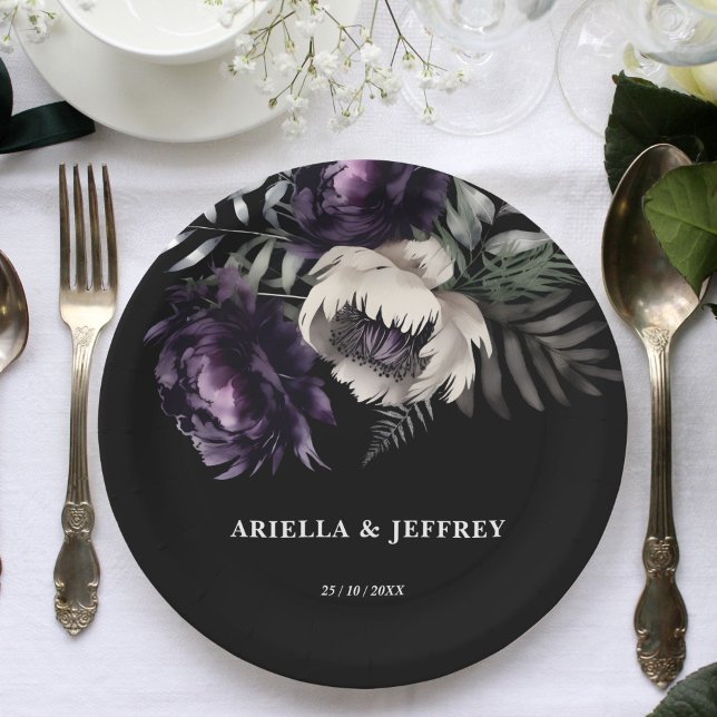 Plato De Papel Moody boho oscuro y elegante plantilla de boda (Dark moody boho elegant wedding template paper plates personalized wedding tableware gothic theme)