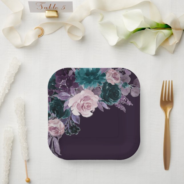 Plato De Papel Moody Boho | Sello morado y Verde azulado de beren (Boda)
