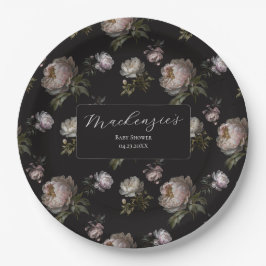 Plato De Papel Moody Dark Peony Floral Baby Shower 