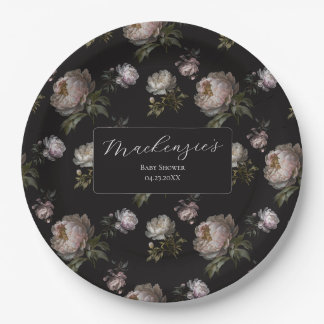 Plato De Papel Moody Dark Peony Floral Baby Shower 