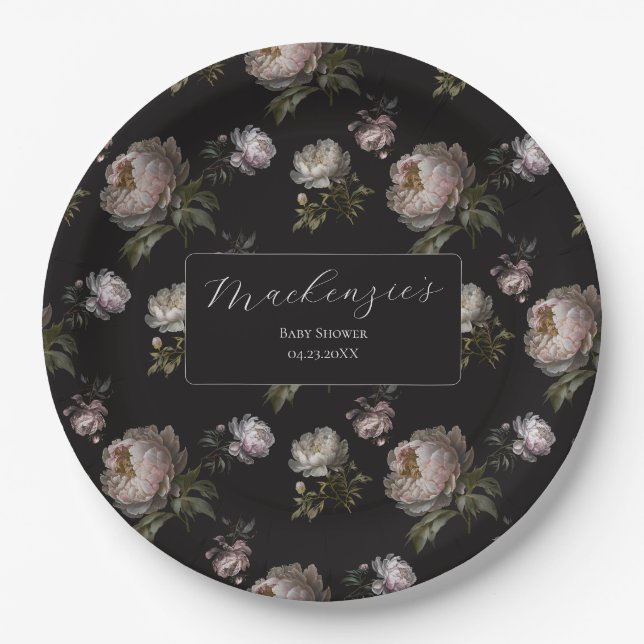 Plato De Papel Moody Dark Peony Floral Baby Shower  (Anverso)