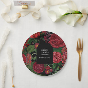 Plato De Papel Moody Florals Black Arch Burgundy Boda rojo
