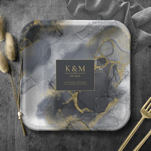 Plato De Papel Moody Ink Charcoal Gold Abstract ID988