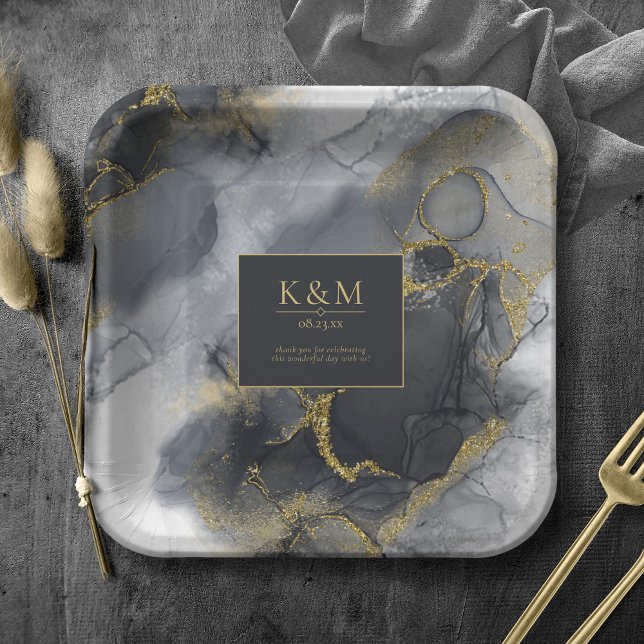 Plato De Papel Moody Ink Charcoal Gold Abstract ID988 (Subido por el creador)