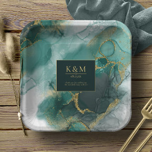 Plato De Papel Moody Ink Emerald Gold Resumen Lt ID988