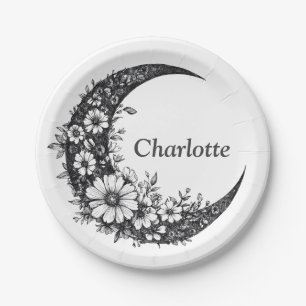 Plato De Papel Moon and Flowers Art con nombre de Personalizable