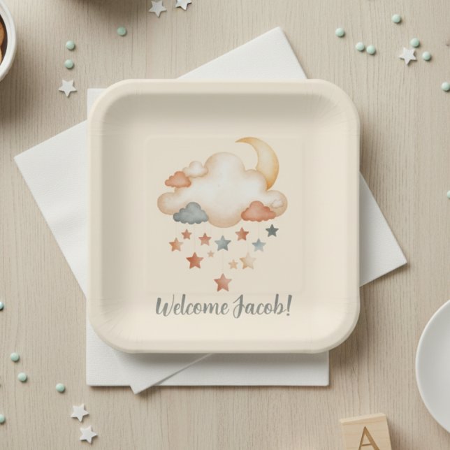 Plato De Papel Moon and Stars Celestial Baby Shower Theme (Personalized baby shower paper plate)