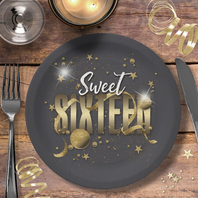 Plato De Papel Moon and Stars Sweet 16 Gold/Blk ID788 (Subido por el creador)