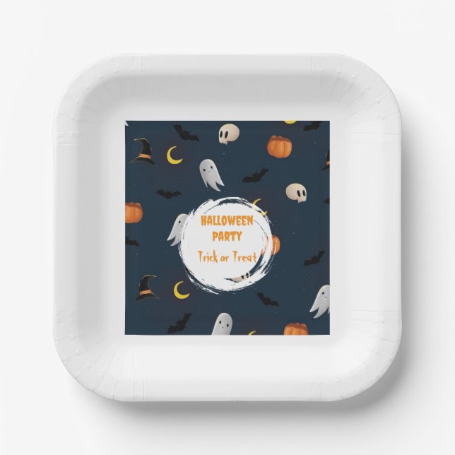Plato De Papel Moon Bat Dark Blue Halloween Party Cute (Anverso)