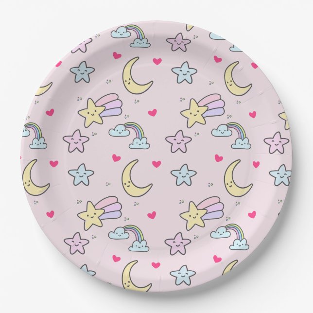 Plato De Papel Moon, estrellas y nubes patrón en rosa (Anverso)