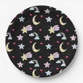 Plato De Papel Moon, Stars and Clouds Pattern on Black