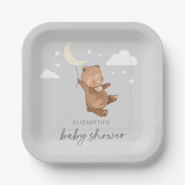 Plato De Papel Moon Stars Bear Baby Shower (Anverso)