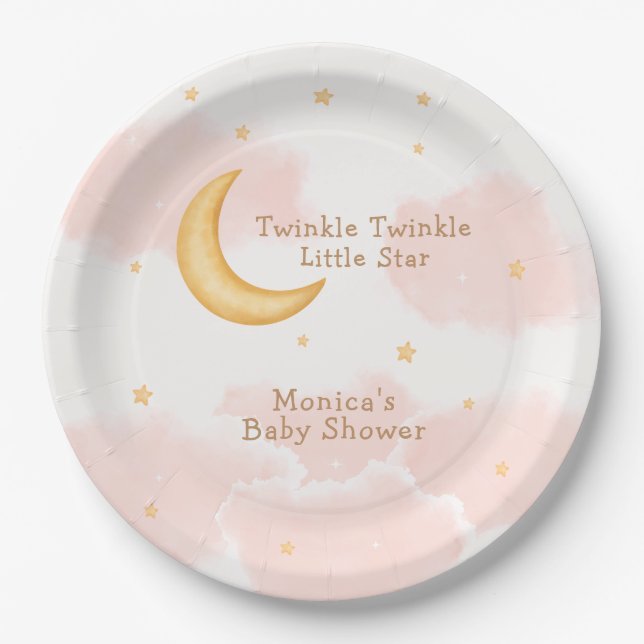 Plato De Papel Moon Stars Twinkle Twinkle Girl Baby Shower (Anverso)