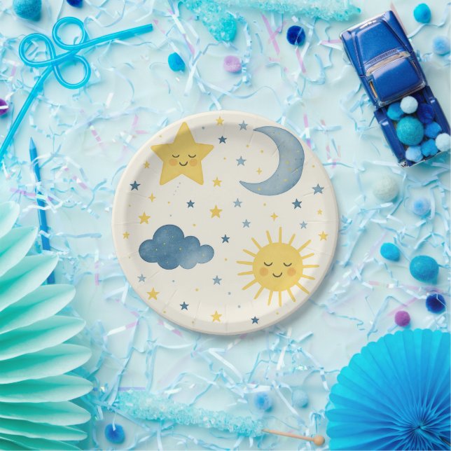 Plato De Papel Moon, Sun, Stars & Cloud Baby Shower (Fiesta)