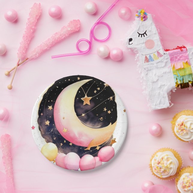 Plato De Papel Moon Twinkling y Stars Baby Girl Shower (Fiesta)
