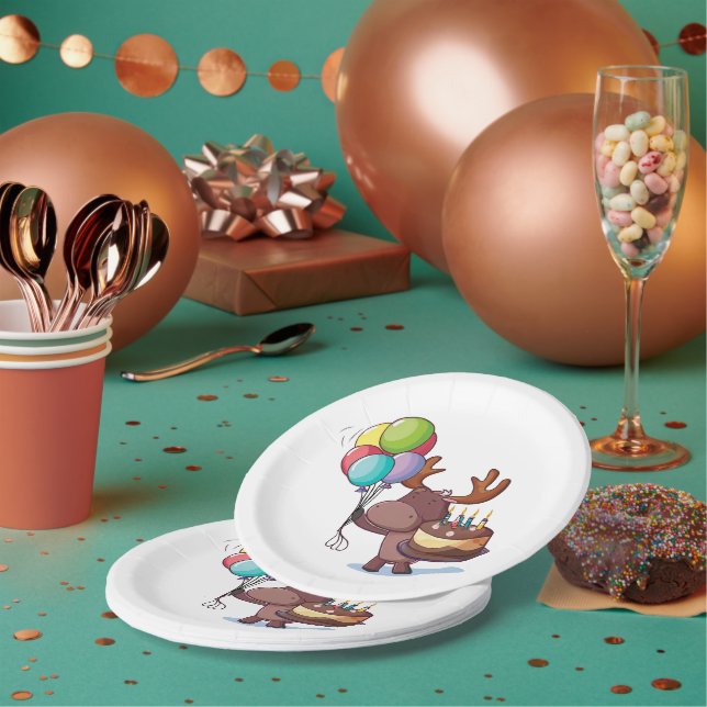 Plato De Papel Moose con globo y torta (Multi)