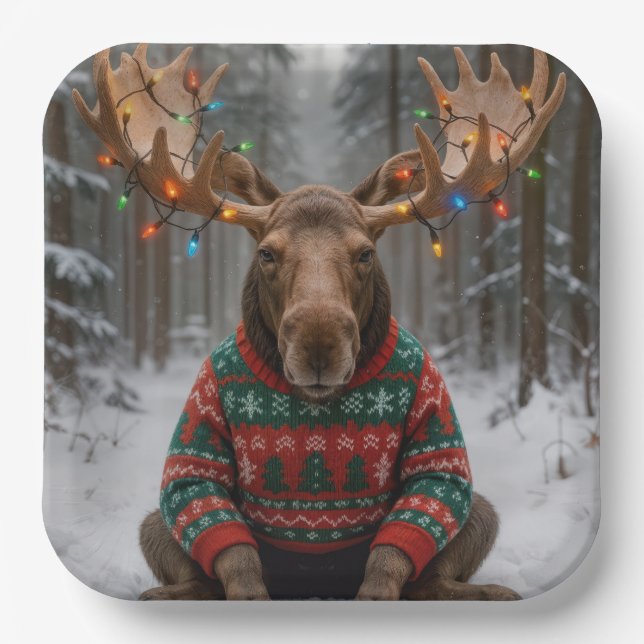 Plato De Papel Moose Wearing Ugly Christmas Sweater (Anverso)