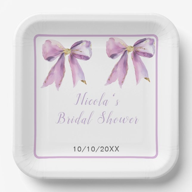 Plato De Papel Morada Coquette Bow Bridal Shower (Anverso)