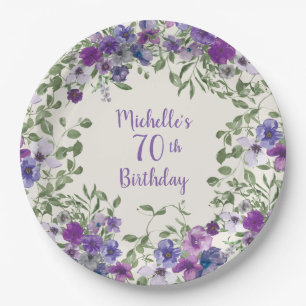Plato De Papel Morado acuarela Floral 70 cumpleaños