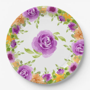 Plato De Papel Morado acuarela florece
