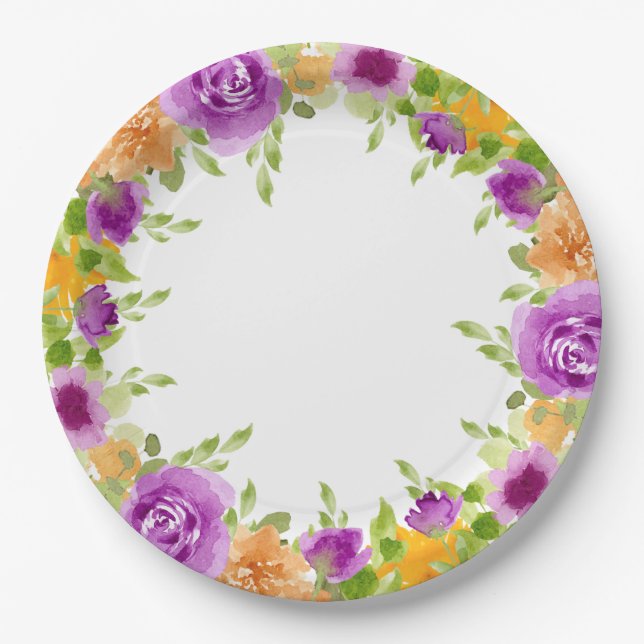Plato De Papel Morado acuarela florece Boda (Anverso)