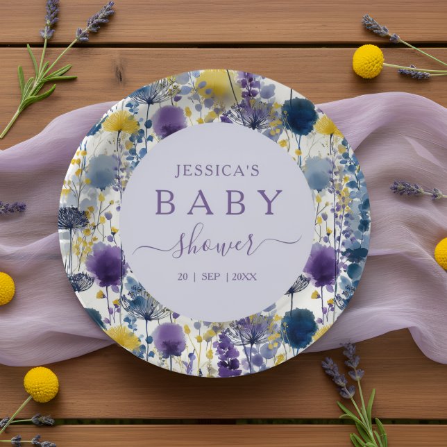 Plato De Papel Morado amarillo acuarela Flora silvestre Baby Show (Celebrate your mama-to-be moment in full bloom with this elegant wildflower design. )