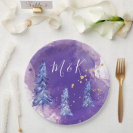 Plato De Papel Morado Árbol de Navidad Golden Snowflakes
