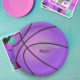 Plato De Papel Morado Basketball Varisity Font Happy Birday Name