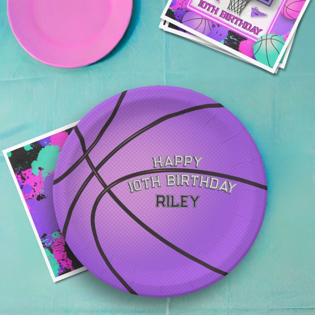 Plato De Papel Morado Basketball Varisity Font Happy Birday Name (Subido por el creador)