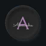 Plato De Papel Morado Black Script Girly Monograma Nombre<br><div class="desc">Monograma púrpura y negro Añade tus propias placas de Fiesta de guión de nombre. Esto hace que el dulce perfecto cumpleaños 16,  boda,  ducha de novia,  aniversario,  ducha de bebé o fiesta de soltera sea regalo para alguien que ama el lujo glam y los estilos de moda.</div>