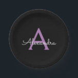 Plato De Papel Morado Black Script Girly Monograma Nombre<br><div class="desc">Monograma púrpura y negro Añade tus propias placas de Fiesta de guión de nombre. Esto hace que el dulce perfecto cumpleaños 16,  boda,  ducha de novia,  aniversario,  ducha de bebé o fiesta de soltera sea regalo para alguien que ama el lujo glam y los estilos de moda.</div>