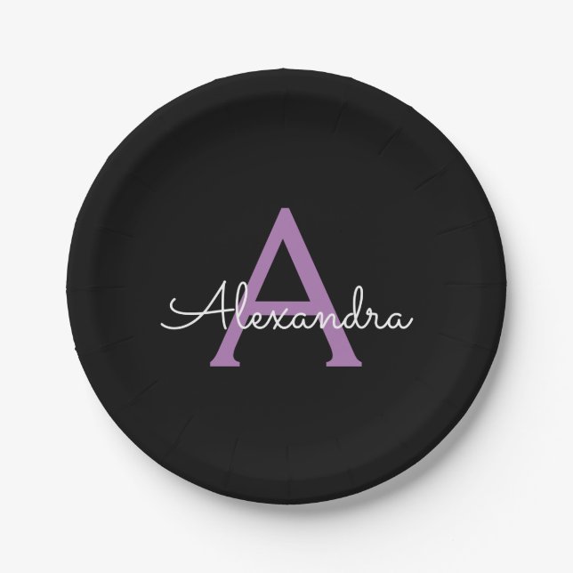 Plato De Papel Morado Black Script Girly Monograma Nombre (Anverso)