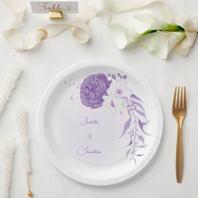 Plato De Papel morado blanco y morado romántico (Boda)