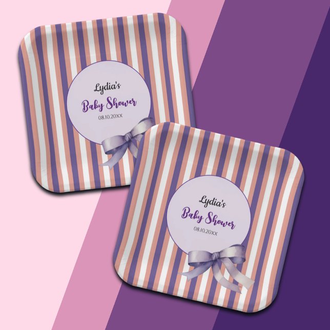 Plato De Papel Morado Bow Lines Baby Shower moderno (Subido por el creador)