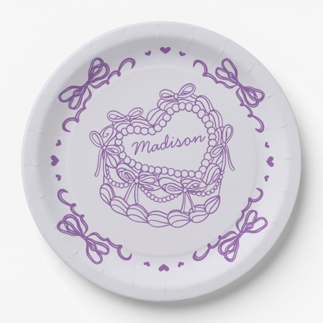 Plato De Papel Morado Bow Retro Coquette Cake Personalizado (Anverso)