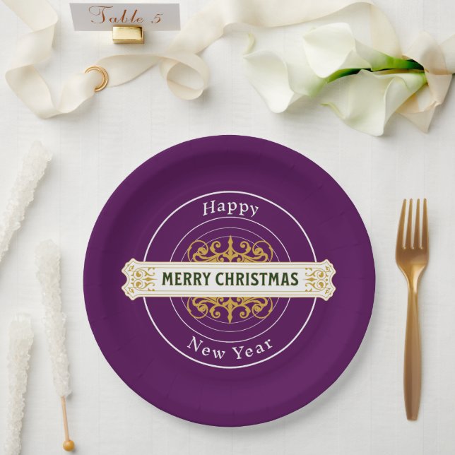 Plato de papel Morado Feliz Navidad, Feliz Año Nue (Boda)